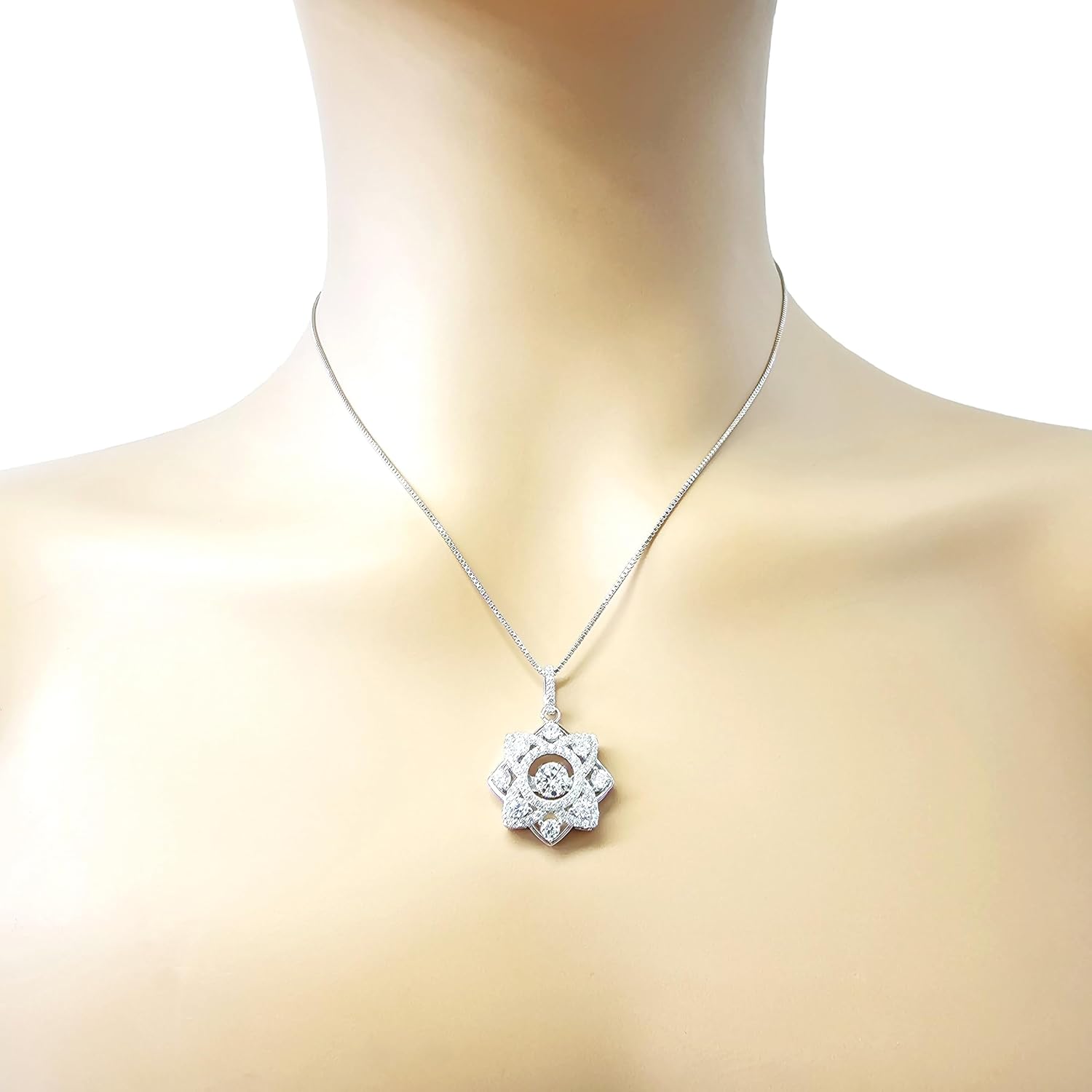 Central Diamond Center Forever Love Dancing Gemstone Flower Necklace Womens Pendant 925 Sterling Silver & Pure Brilliance Zirconia - Image 3