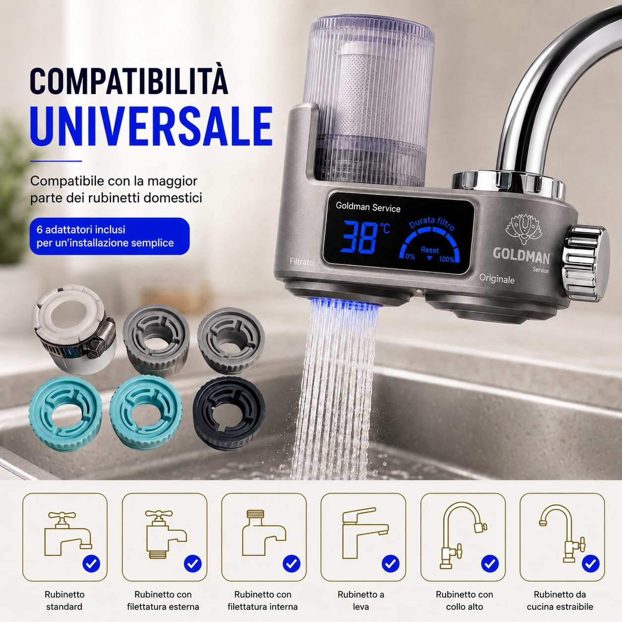GOLDMAN SERVICE Filtro purificatore dell'acqua per rubinetto con display digitale, indicatore della temperatura in tempo reale, filtro di ricambio incluso e 6 adattatori universali