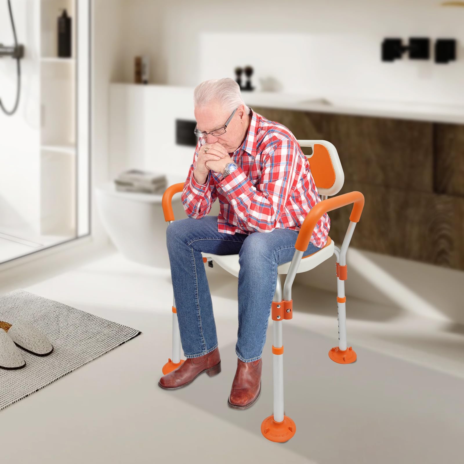 Silla de ducha para personas mayores, altura ajustable, asiento de ducha de 39 a 49 cm, asiento de ducha con reposabrazos y respaldo, resistente taburete de ducha con capacidad de carga de 125 kg