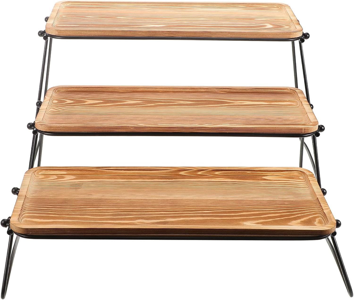 Rectangular Wooden Serving Tray with Rack, Pinewood Tiered Organizer for Breakfast and Snack, Removable Three-piece Set for Kitchen and Dining Use