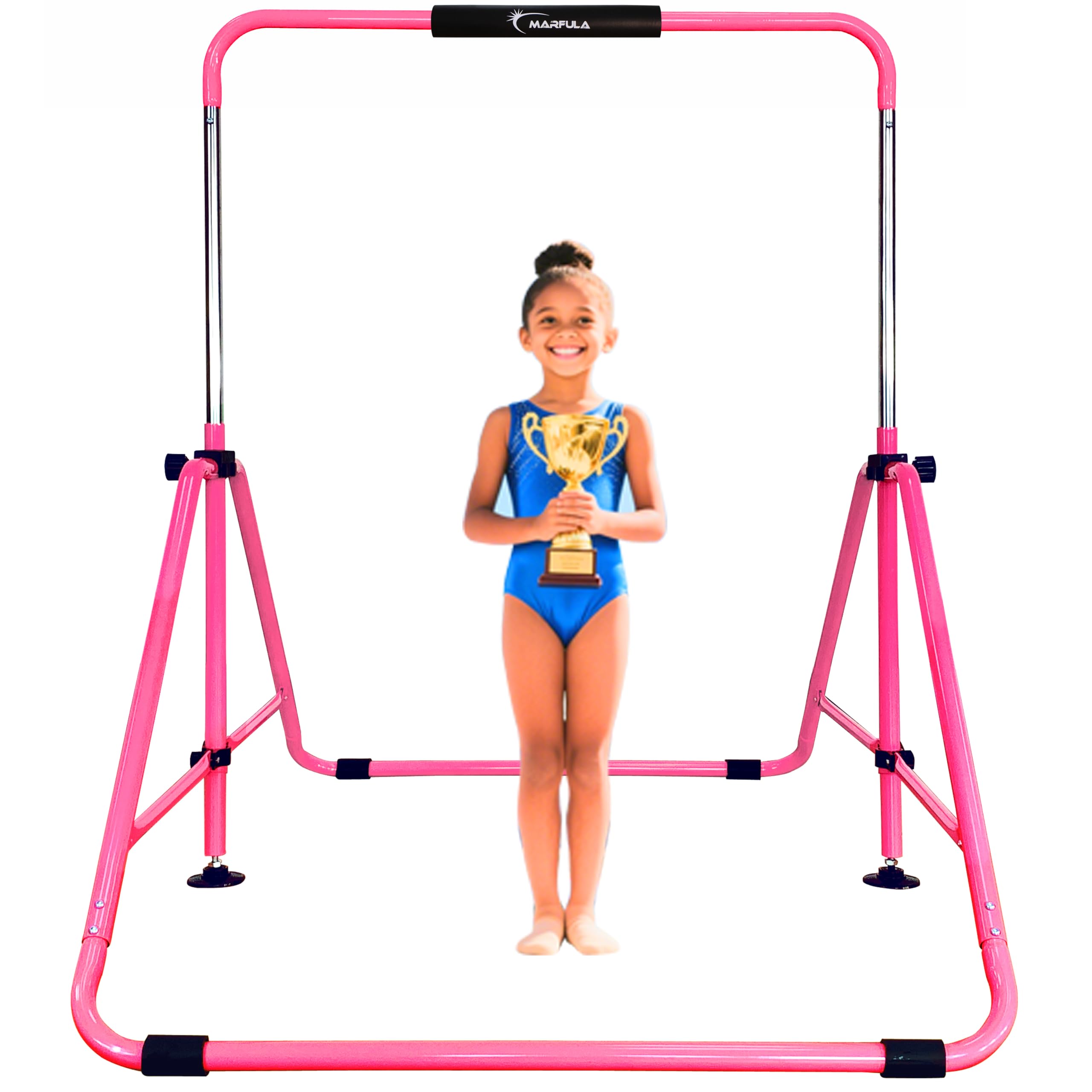 MARFULA Foldable Gymnastic Bar for Kids Ages 3-12, 9 Height Levels, 200 lbs Weight Capacity, 5 Ft Length Gymnastic Kip Bar with Mat, Gymnastic Equipment for Home and Gym Center Indoor Outdoor Use
