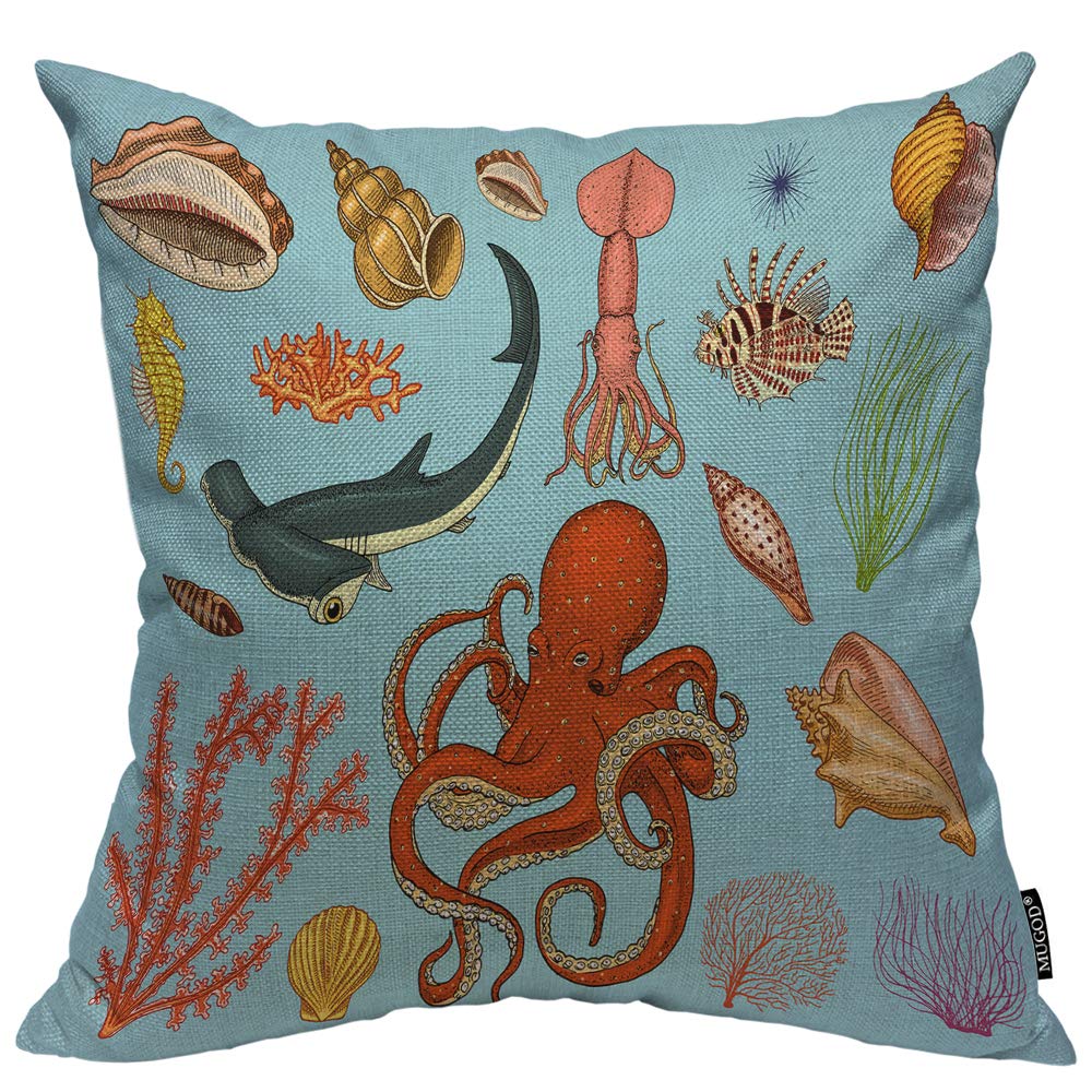 Mugod Sea Creature Decorative Pillow Case Seahorse Nautilus Jellyfish Octopus Squid Hammerhead Shark Throw Pillow Cover Home Decor Cotton Linen Square Cushion Cover for Couch Bed Sofa 20X20 Inch