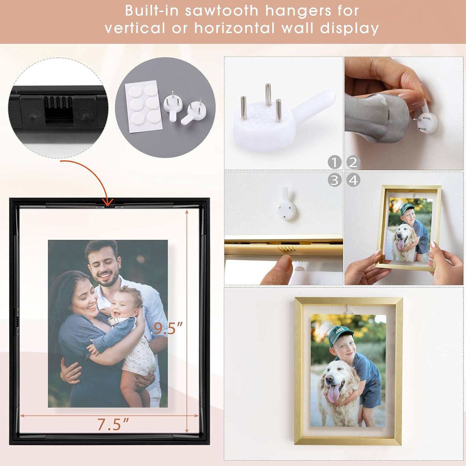 Golden State Art, 8x10 Floating Frame, Black Aluminum Picture Frame, Clear Glass Displays Any Size Photo up to 8 by 10, Home Gallery Wall Decoration, Display Horizontal and Vertical