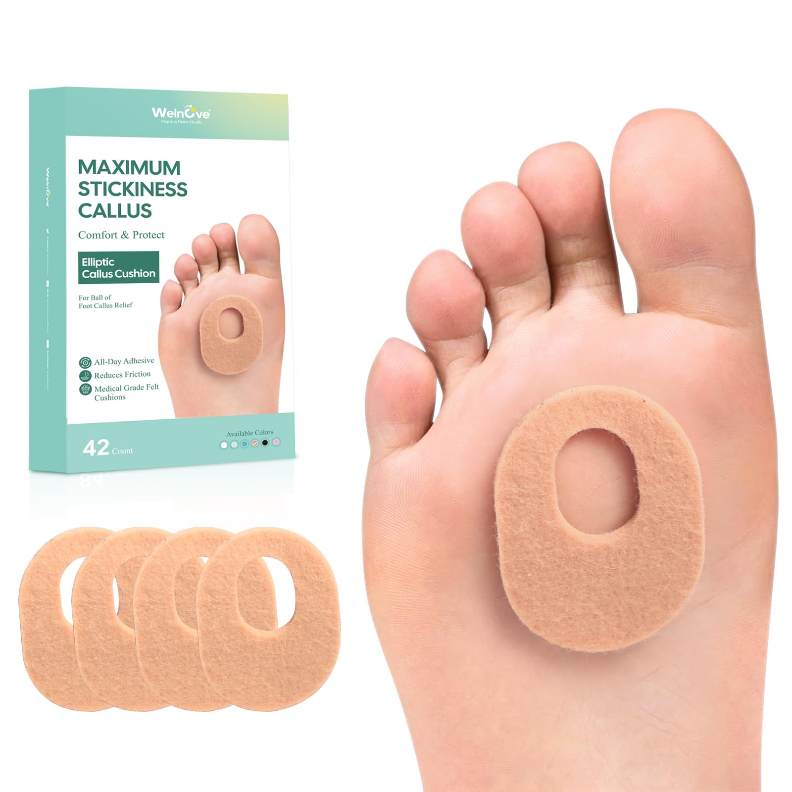 Welnove 42 piezas de almohadillas para callos, protectores adhesivos contra callos, alivia el dolor de callos, callos, ampollas, rozaduras en los talones, almohadillas adhesivas – Blanco