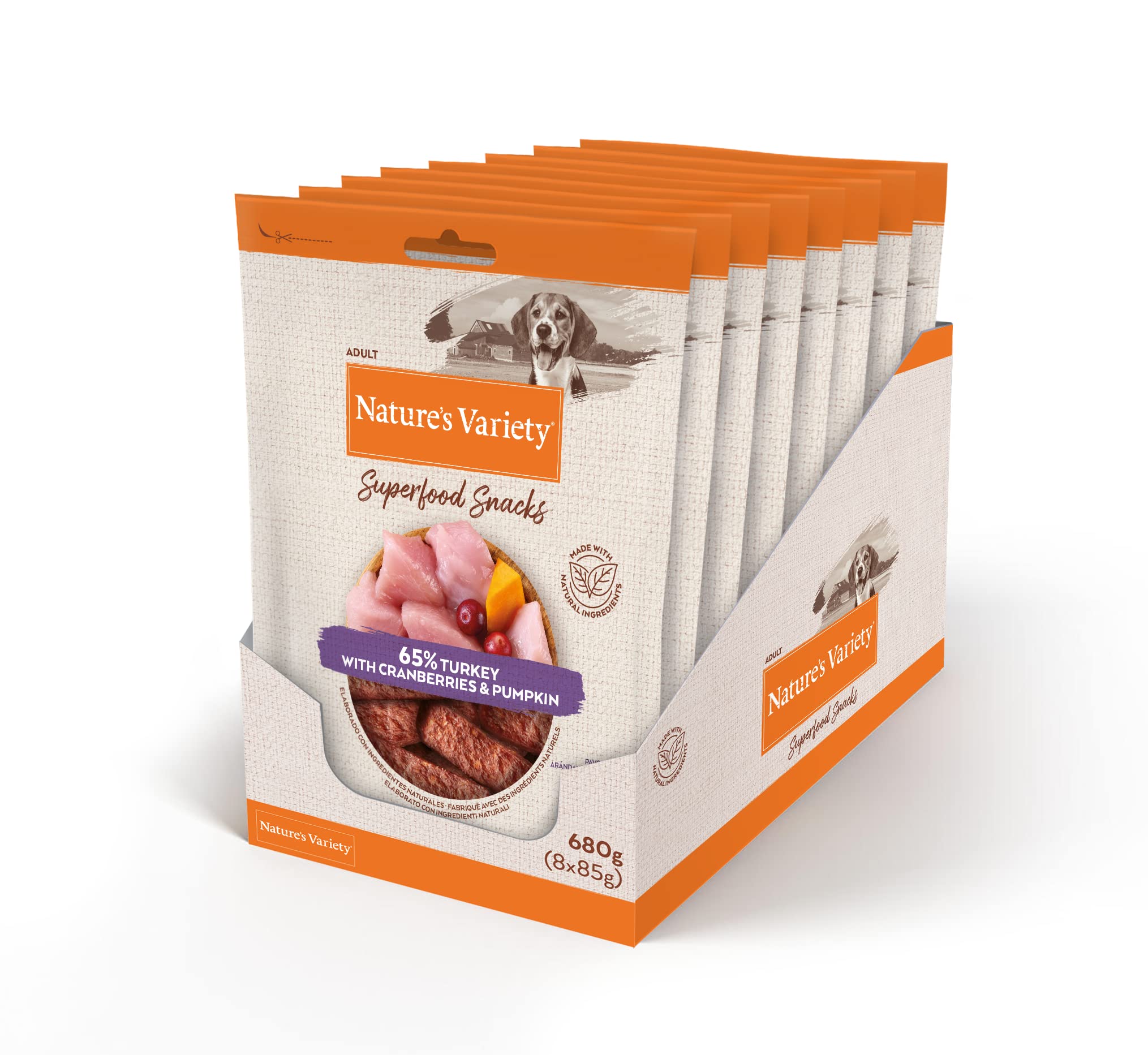 Natures variety Superfood - Snacks para Perros Adultos con Pavo, arándanos Rojos y Calabaza 85g x 8