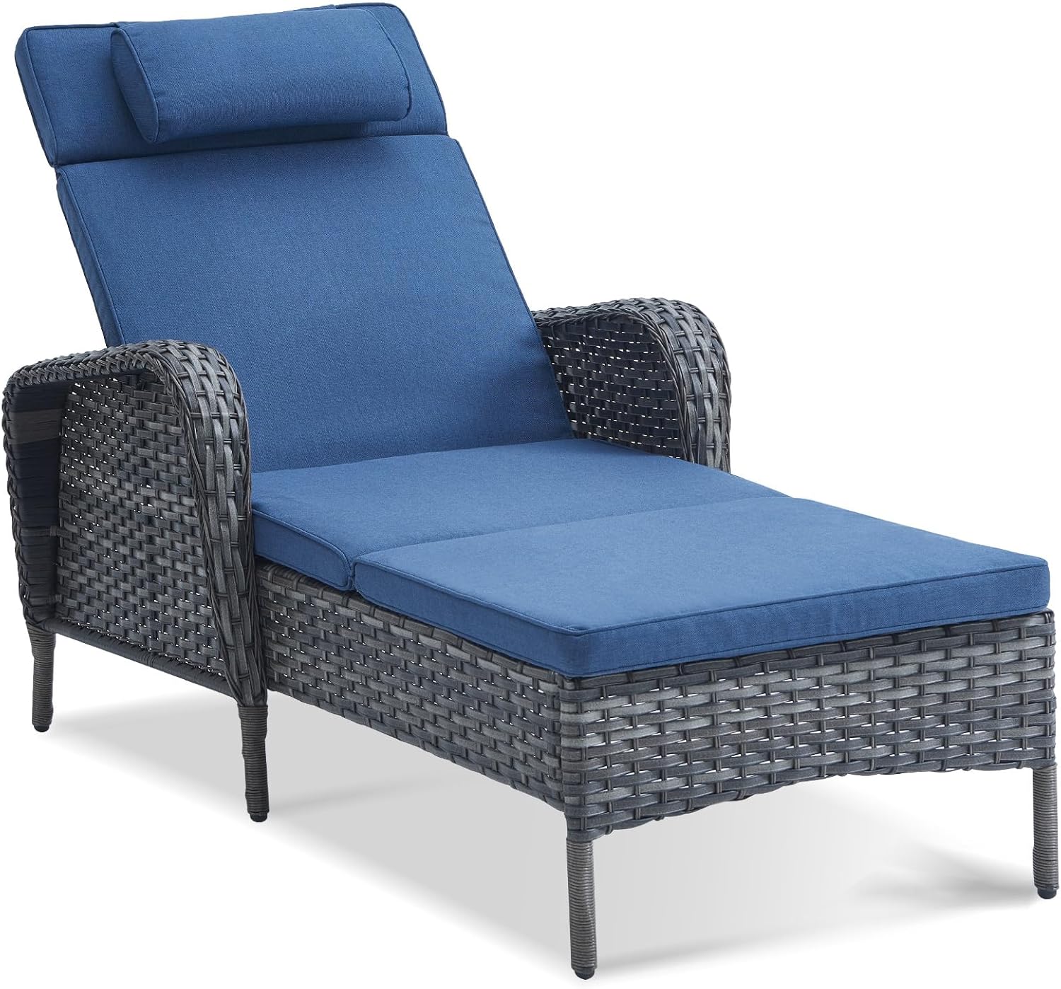 Belord Wicker Outdoor Chaise Lounge Patio Recliner - 75 Inch Adjustable Chaise Lounge with Soft Pillow Removable Cushions, All Weather Rattan Pool Lounge Chair for Poolside Deck - Gray/Blue