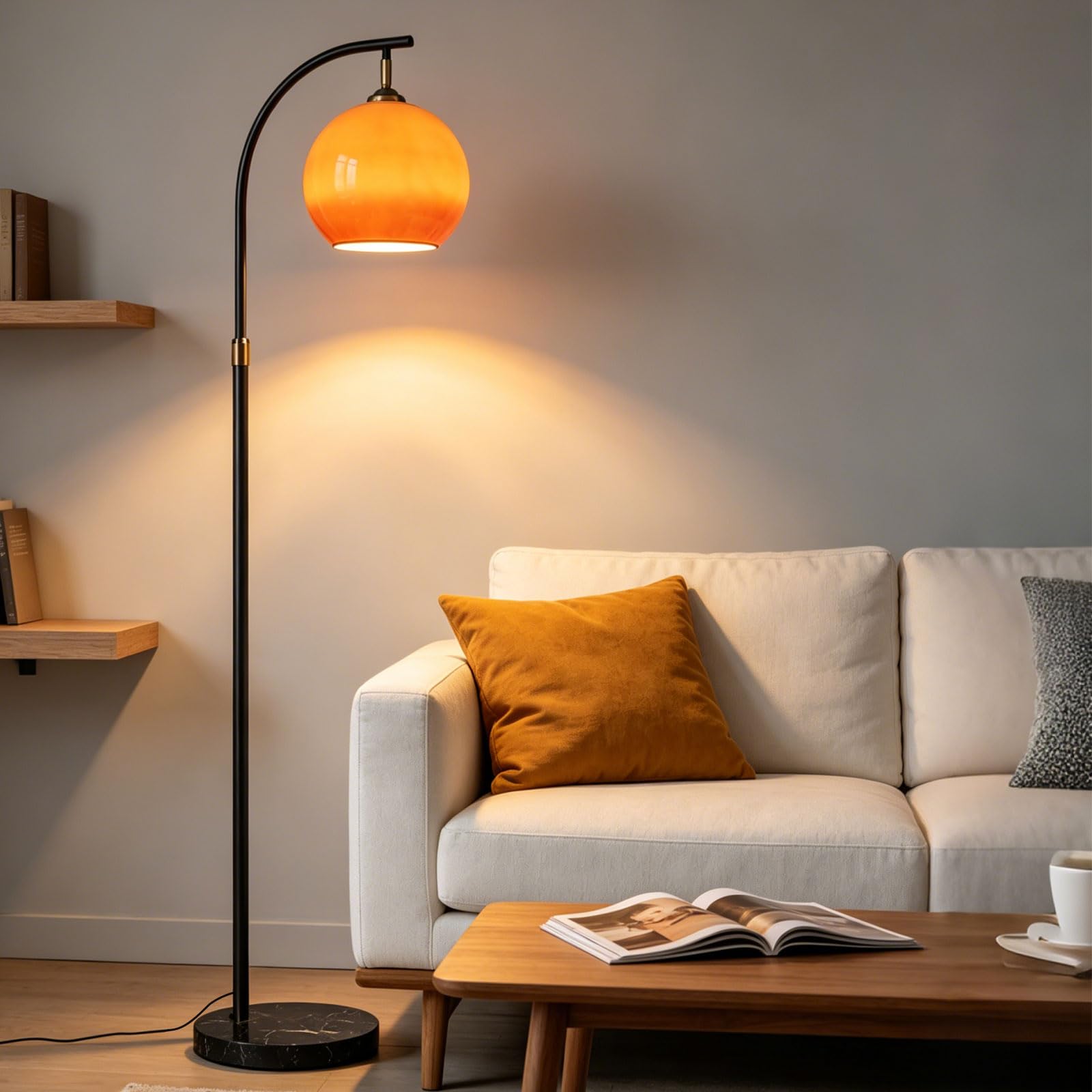 Lampe Sur Pied Arc Mid-Century Modern Orange, Hauteur Réglable, Globe En Verre, Douille E27, 3 Températures, Base En Marbre, Pour Salon, Chambre Ou Bureau (Ampoule Incluse)