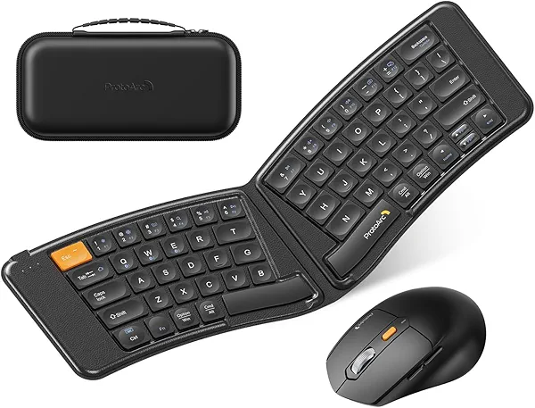 ProtoArc Ergonomic Foldable Keyboard Mouse, XKM03 Portable Folding Bluetooth Keyboard Mouse Combo for Business and Travel, Split Design, 3 Bluetooth, Rechargeable, for iPad, Tablet, iPhone, Laptop