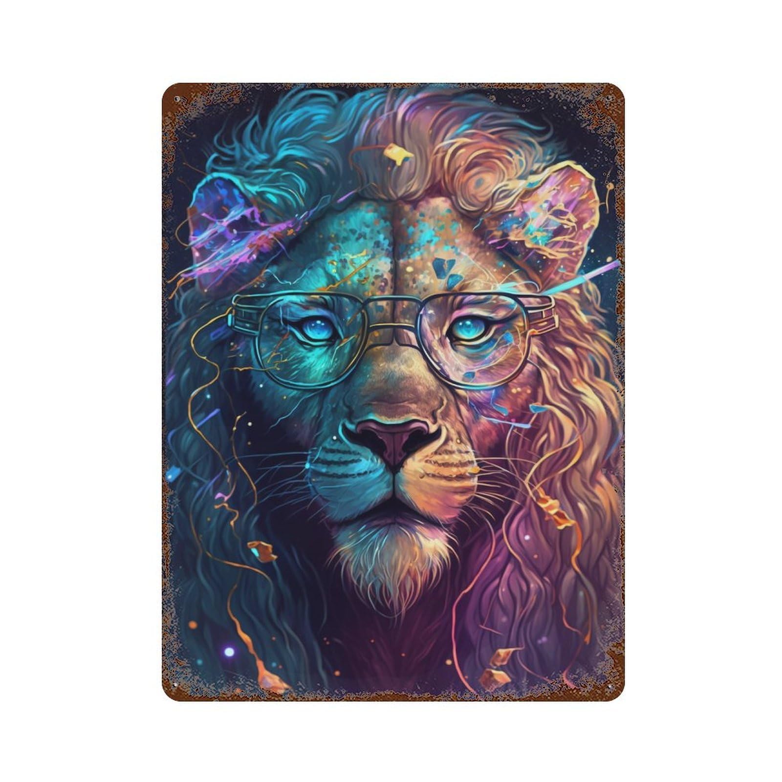 Rust Effect Colorful Lion Glasses Art Print -4 Rustic Tin Plaque 15.7"x11.8", Shabby Chic Decor for Basement, Hobby Room And Garage Decor