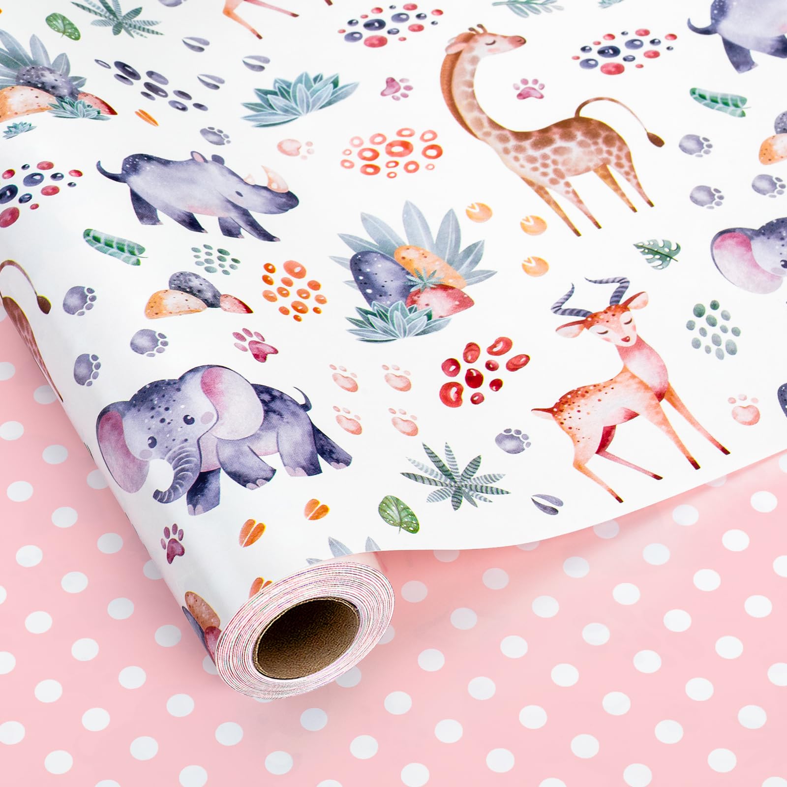 MAYPLUSS Baby Shower Wrapping Paper, Reversible Baby Gift Wrapping Paper, Lovely Giraffe, Elephane Animal Newborn Gift Wrap for 1st Birthday, Children