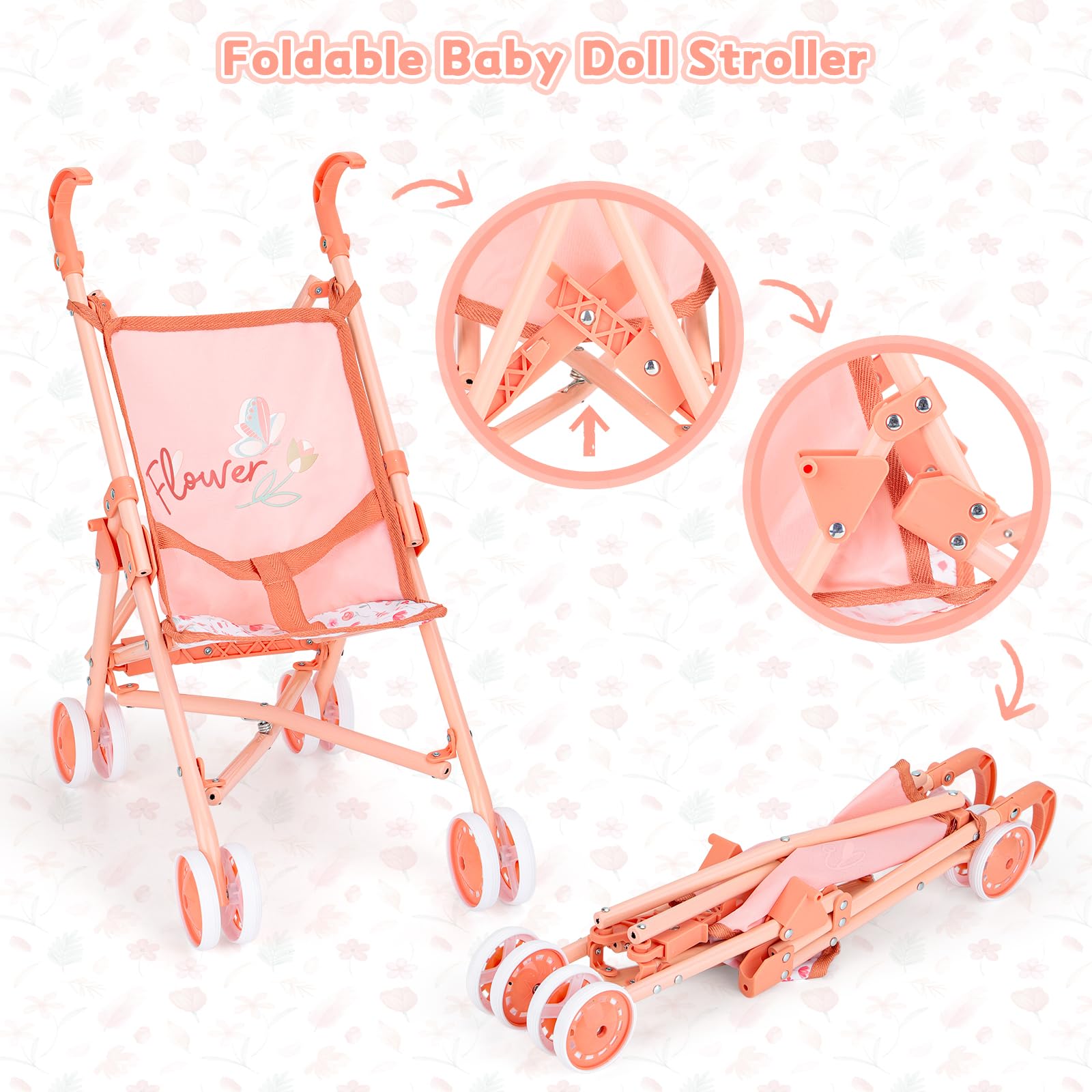 deAO Set Passeggino e Accessori per Bambole, Giochi di Ruolo Giocattoli | Bambole 30cm, Lettino, Seggiolone, Sacco Trasporto, Pieghevole, Montaggio Senza Attrezzi, Regali per Ragazze di 3 Anni+