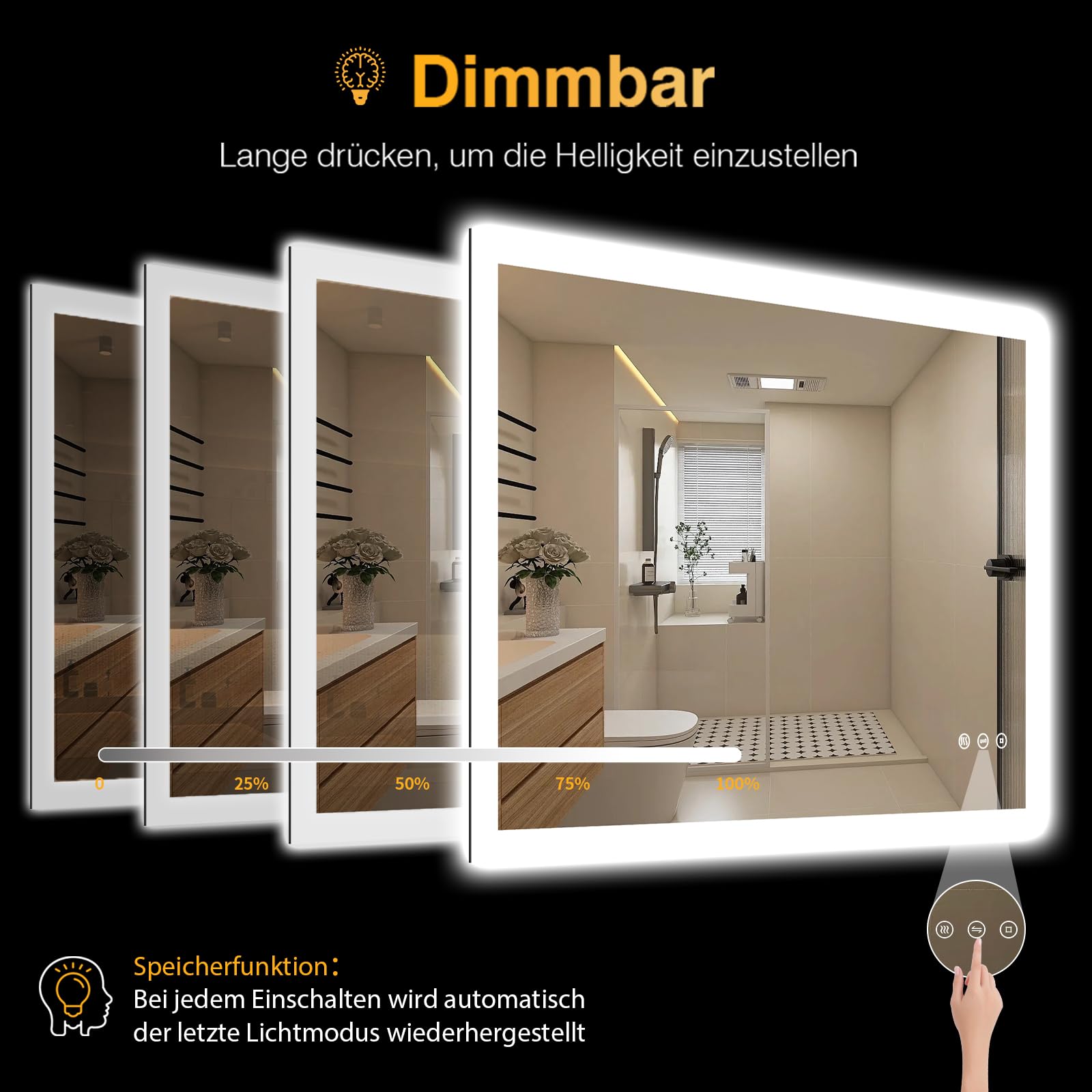 LED Badspiegel mit Beleuchtung 3 Farbtemperaturen, Dimmbar, Anti-Beschlag-Funktion, Wandspiegel Badezimmerspiegel mit Memory-Funktion, Touch-Schalter, Explosionsgeschütztes Glas, 60x80cm