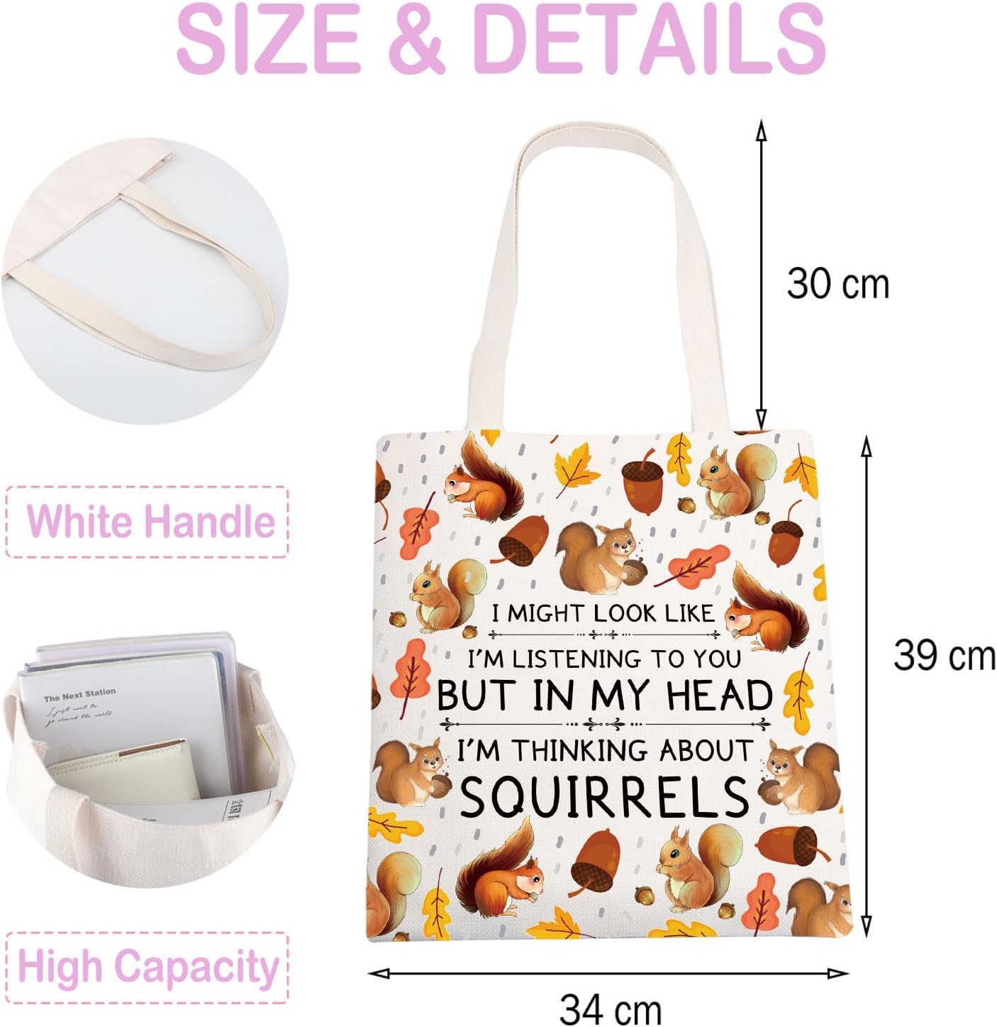 FUSTMW Squirrel Tote Bag Squirrel Gifts for Squirrel Lovers Shopping Bag Cute Squirrel Gifts Reusable Grocery Shoulder Bags image 3