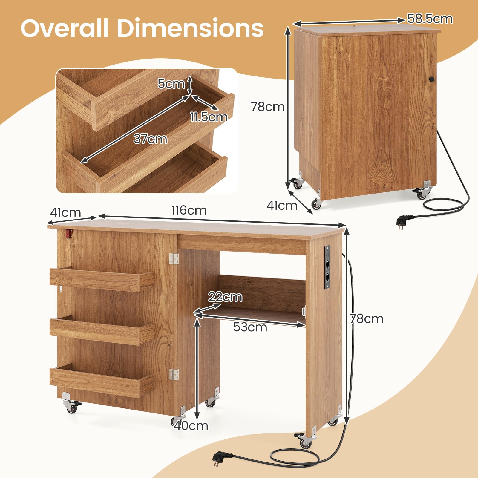 GIANTEX Table de Couture sur roulettes, Meuble Machine à Coudre, Station de Recharge, 4 Plateaux Ouvert de Rangement, Grand Plan de Travail, Meuble Couture Pliant pour Salon, Bureau, Naturel