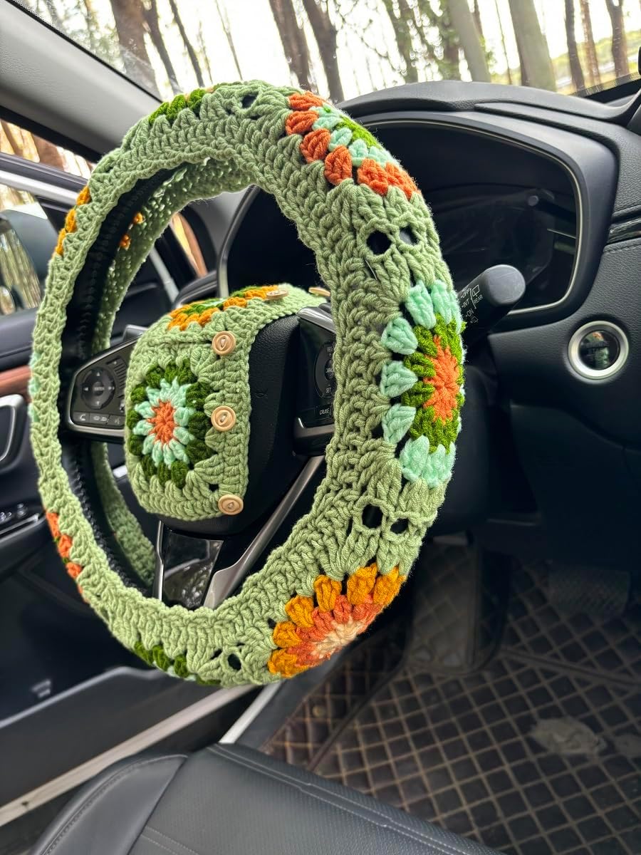 Crochet Sunflower Steering Wheel Cover,Cute Seatbelt Cover,Women Car Interior Accessories Decorations (A,Wheel Cover+2 Belt Cover+Rainbow)