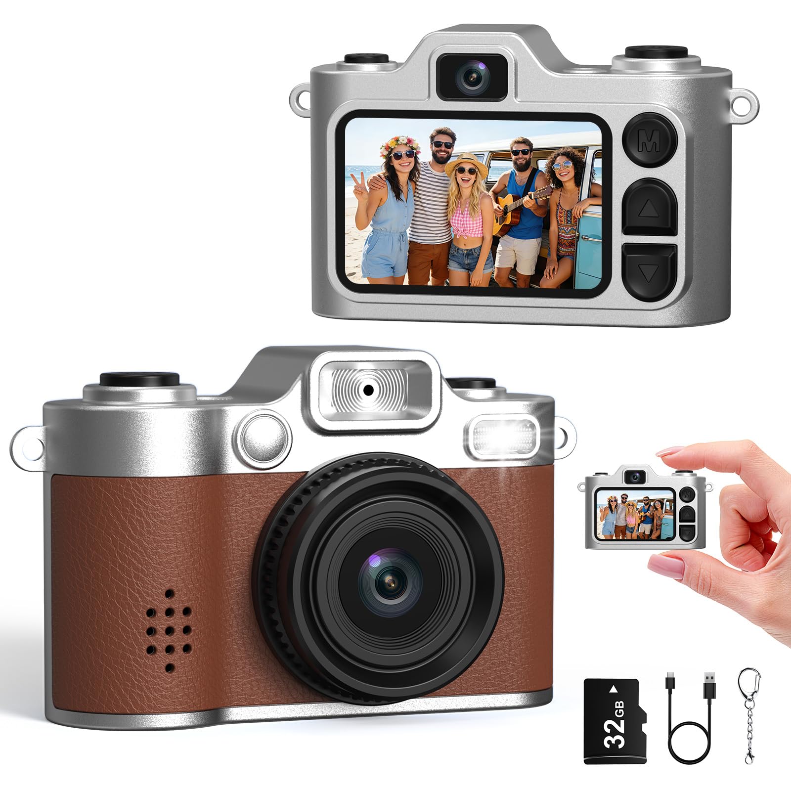 Mini Camara de Fotos, Cámara Digital Retro Pequeña FHD 1080P con Pantalla a Color de 1,38 Pulgadas, Cámara Selfie con Llavero, Flash y Grabación, Mini Cámara Creativa Tipo Pulgar, Regalo Original