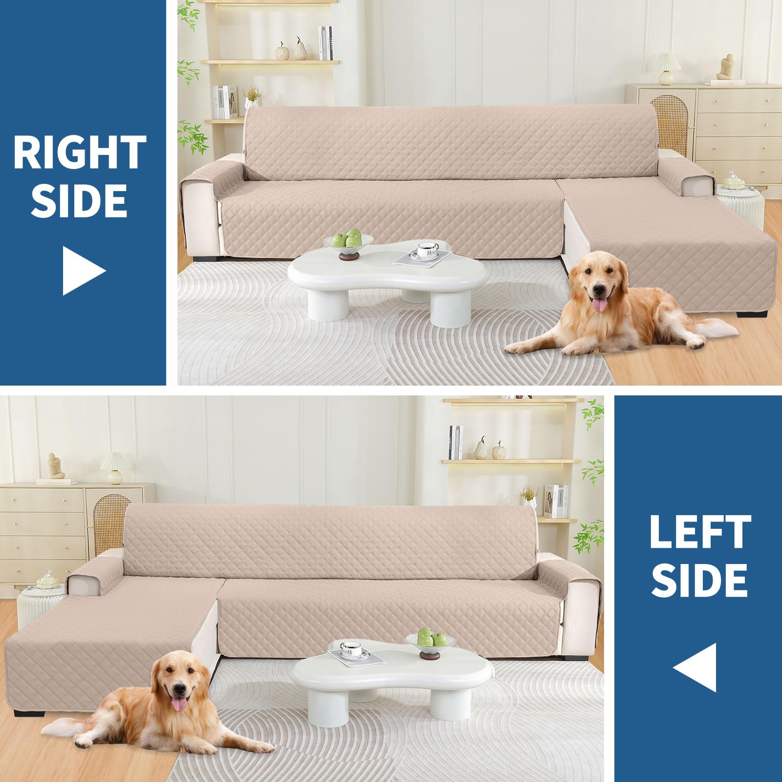 YSTELLAA 100% Impermeable Fundas para Sofa Chaise Longue 4 Plazas(L 280 CM), Cubre Sofas Chaise Longue Izquierdo/Derecho Reversible, Protector Sofa Chaise Longue Gato Perro, Beige
