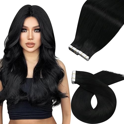 Moresoo Extensiones de cabello humano con cinta adhesiva, sin costuras, color negro azabache, extensiones de cabello humano real, 22 pulgadas, #1,