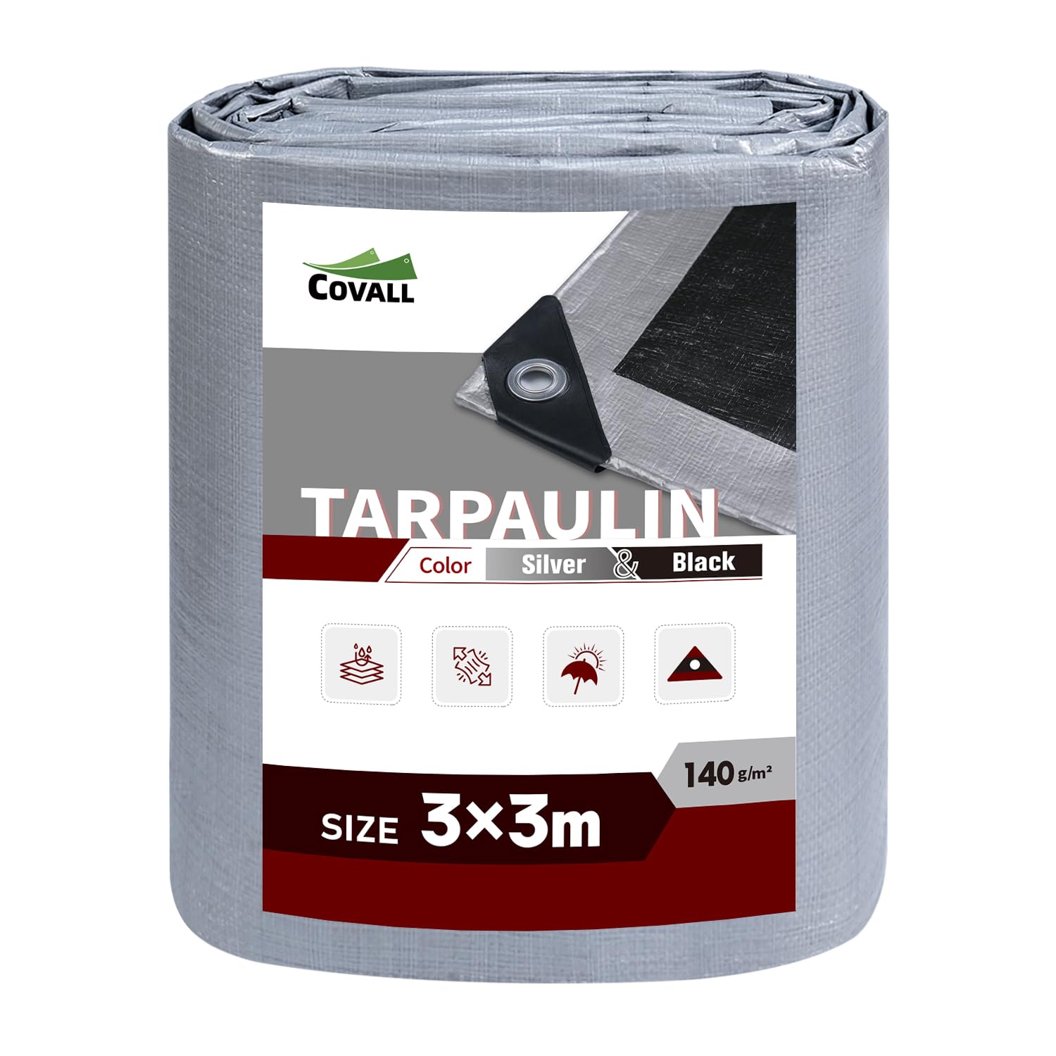 Covall Tarpaulin waterproof Heavy Duty Tarp Groundsheet 3x3m Sheet Cover with eyelets 140g/m² Silver/Black Multipurpose for roof pool cars truck Rv champing tent building garden pet shed Tarp