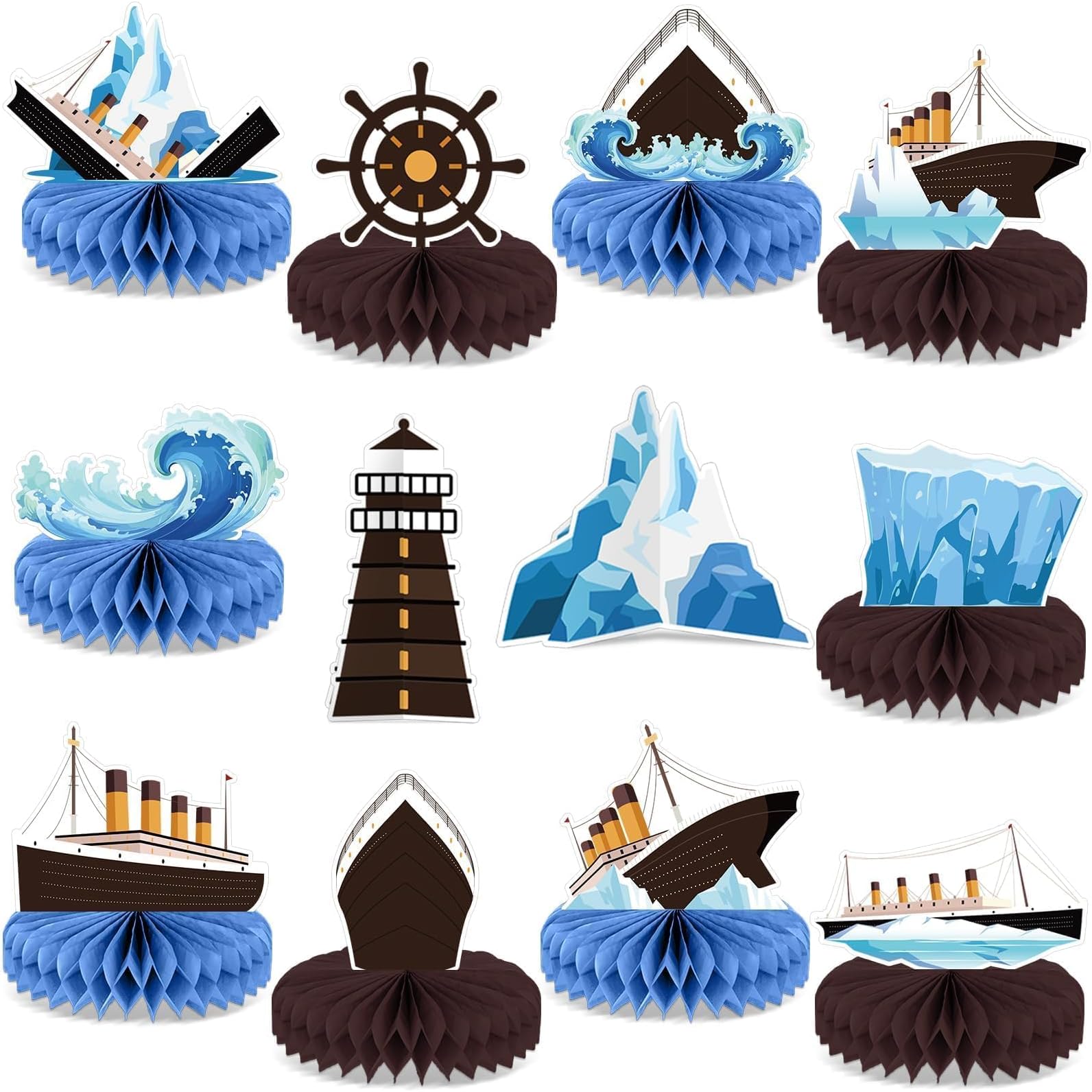 12Pcs Nautical Party Supplies Cruise Ship Birthday Honeycomb Centerpieces for Ocean Party Decorations Ship Theme Table Honeycomb for Ocean Cruise Liner Nautical Winter Birthday Party Favors