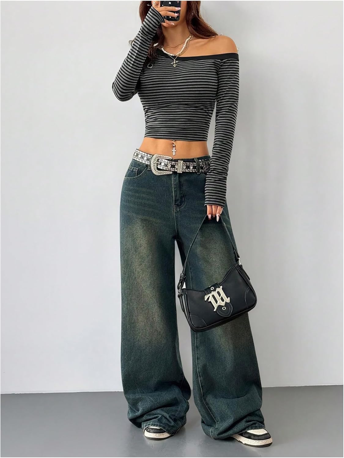 SOLY HUX Women's Striped T Shirts Off The Shoulder Slim Long Sleeve Crop Tops Streetwear - Image 5