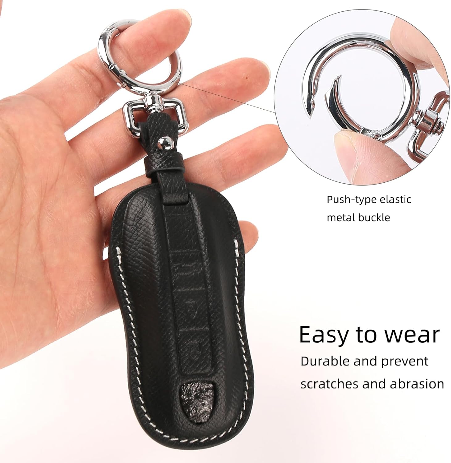 for Porsche Leather Key Fob Cover with Keychain Key Shell Compatible with 2020-2021 Porsche Panamera, Cayenne-Black