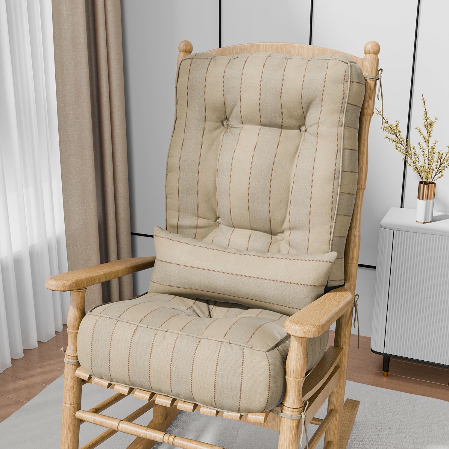 Rocking Chair Cushions with Pillow, Waterproof and Fade-Resistant Thicken Durable Tufted Chair Pads for Rocker Furniture with Ties for Indoor, Outdoor, Porch Garden, 17"x17"x5", Beige Stripe
