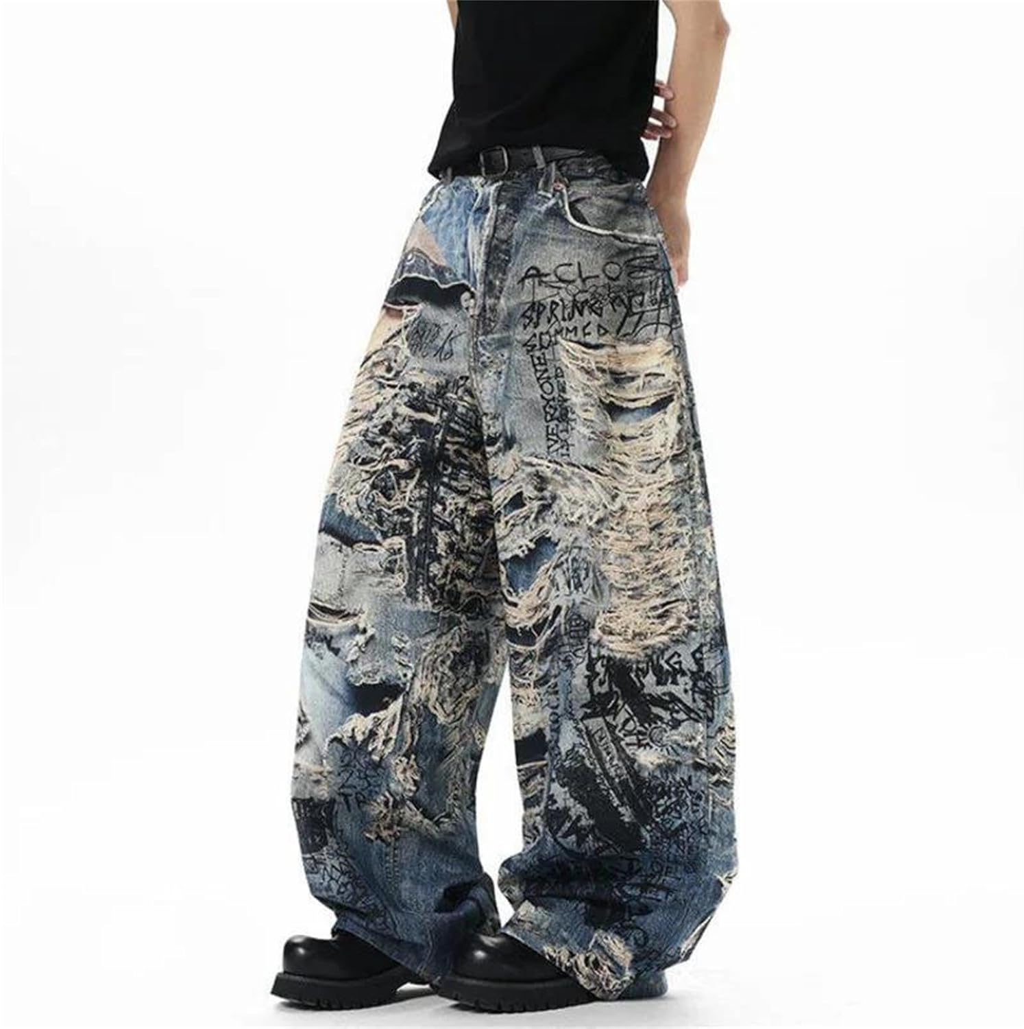 Men Women Baggy Jeans High Street Hip Hop Style with Digital Print Loose Fit Wide Leg Fashion Denim Pants