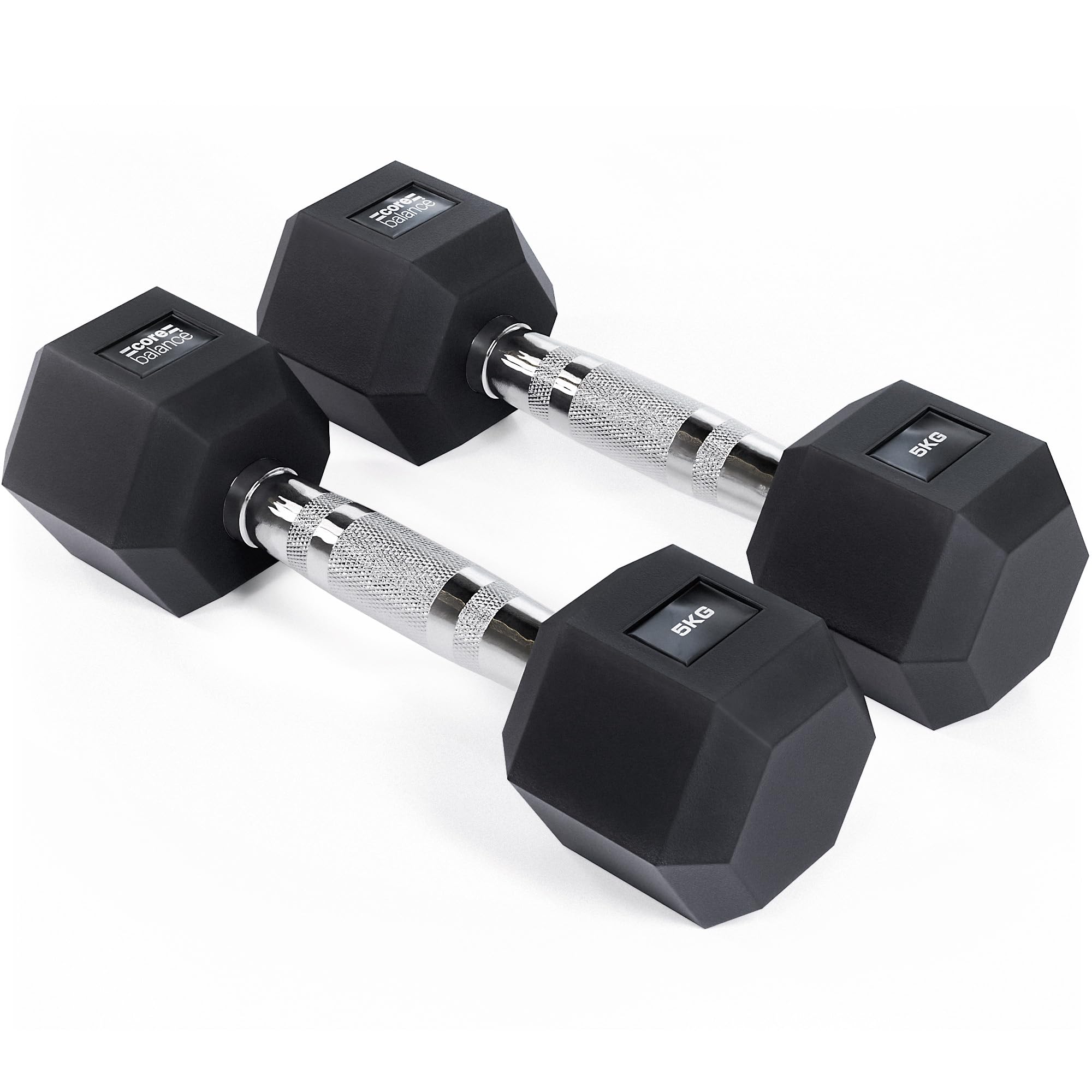 Core Balance Hex Dumbbells Pair – 2 x 5kg, Cast Iron, PVC Coated Anti-Roll Hexagonal Weights, Knurled Non-Slip Handles, Home Gym Fitness, Cardio, Toning, Strength Training, Exercise