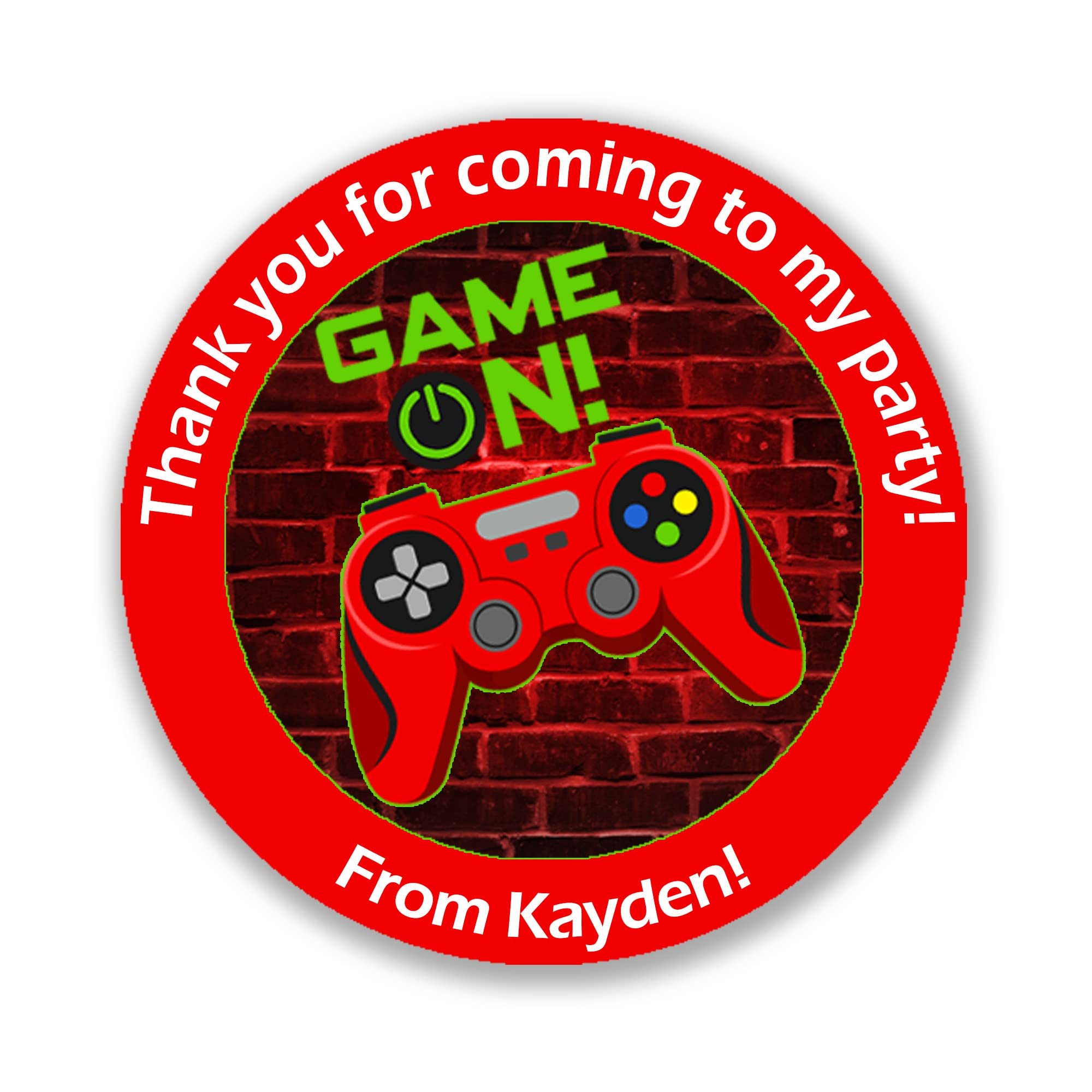 24 x Personalised Gaming Birthday Stickers for Party Thank You Sweet Cone Bags Video Games Party Bus - (D1 - Red)
