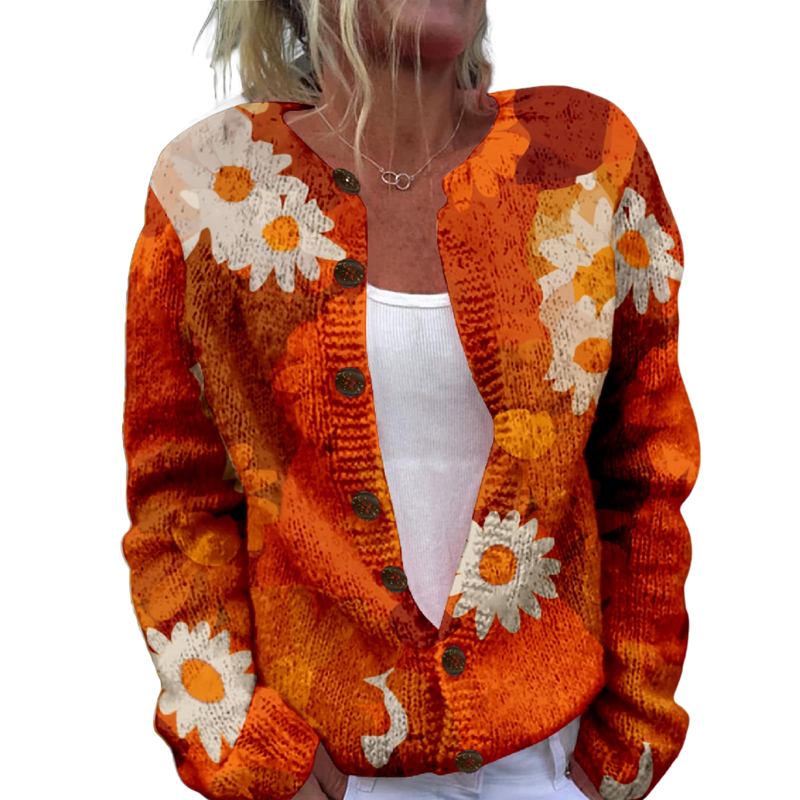 Womens Floral Long Sleeve Cardigan Sweater Cute Butterflies V Neck Open Front Button Down Knit Cardigan Coats