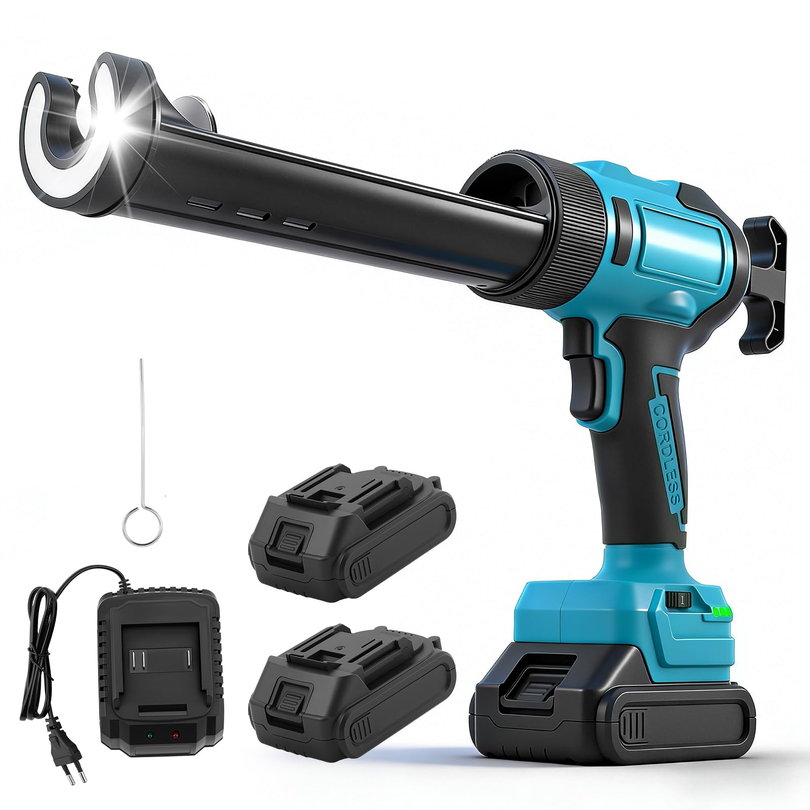 Pistola per Silicone a Batteria, Pistola per Sigillante Elettrica 800N con 2 Batterie 2.0Ah, 6 Velocità 60-200mm/min, Display Digitale, Antigoccia & LED per Fughe Vasca, Piastrelle