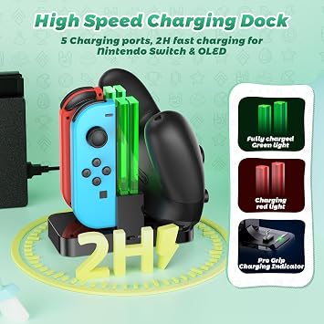 FASTSNAIL Switch Controller Charger for Nintendo Switch/OLED for JoyCons | 5-in-1 Switch Controller Charging Dock Station, Fast Charger Stand for Joycon Accessories, LED Indicator, Charger Cable Black