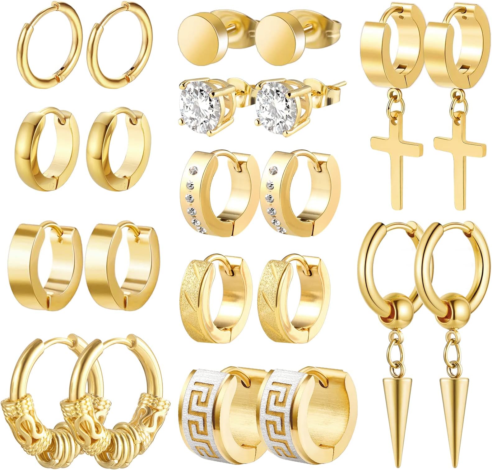 Men Earrings, Funtopia 11 Pairs Stainless Steel Small Hoop Earrings Cross Dangle Earrings Set, Fashion Huggie Earrings Piercing Jewelry for Party Birthday