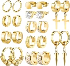 Men Earrings, Funtopia 11 Pairs Stainless Steel Small Hoop Earrings Cross Dangle Earrings Set, Fashion Huggie Earrings Piercing Jewelry for Party Birthday