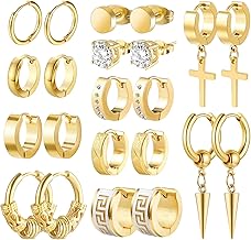 Men Earrings, Funtopia 11 Pairs Stainless Steel Small Hoop Earrings Cross Dangle Earrings Set, Fashion Huggie Earrings Piercing Jewelry for Party Birthday