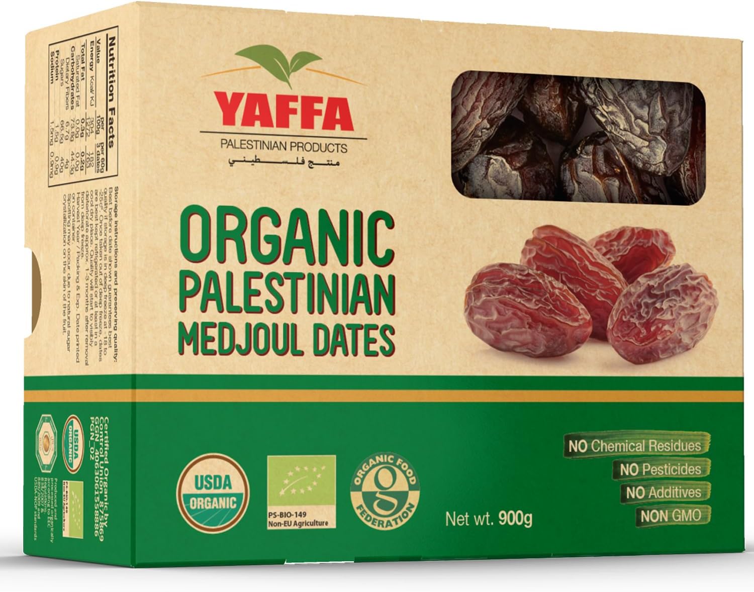 Yaffa Organic Medjool Dates (Box of 900g) - All Natural, No Added Sugar, Free from Additives, Sustainably Grown and Hand-Picked Dried Fruit Palestinian Dates