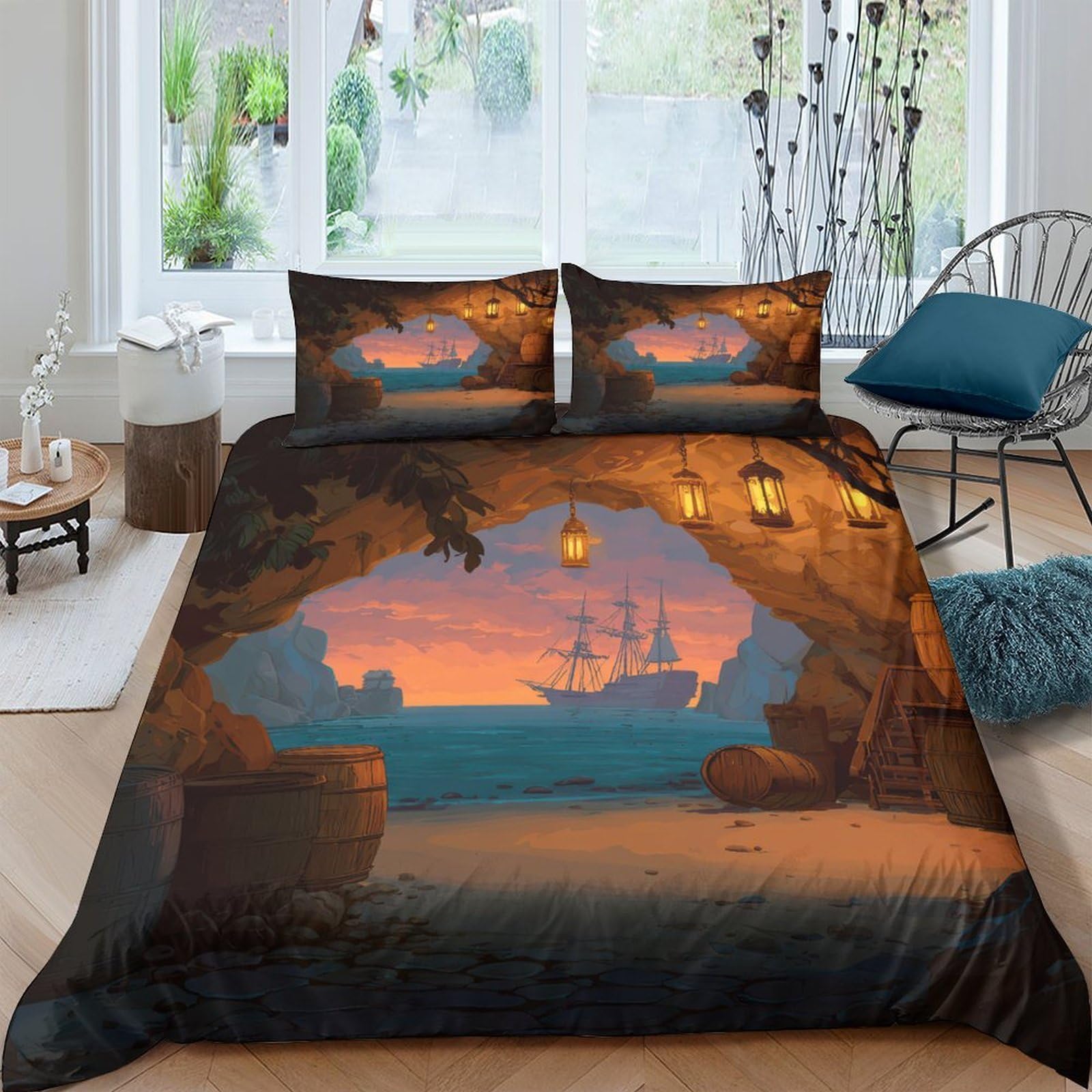 Ctjqhvkz Style-10 3D Printed Pirate Cave Fitted Sheet Microfiber Landscape Sunset Ship Bed Cover For Bedroom Guest Room Decor Single（135X200cm）