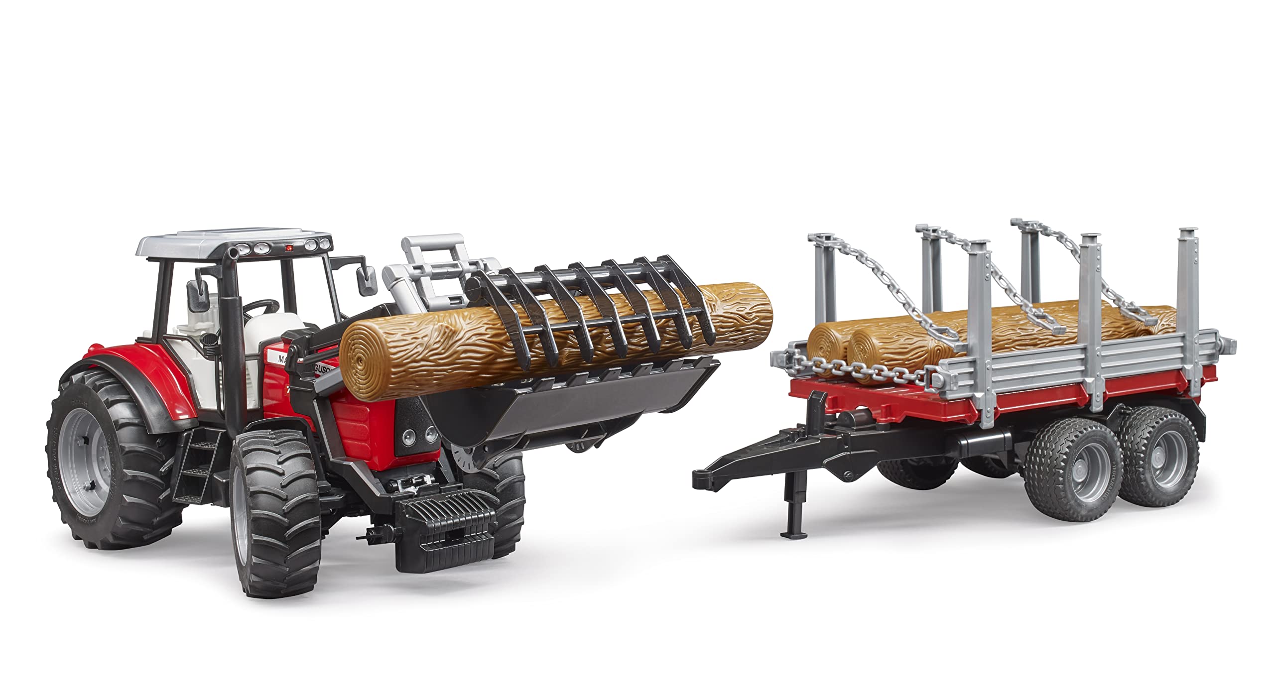 bruder 02046 - Massey Ferguson 7480 mit Frontlader, Holztransportanhänger, 3 Baumstämmen - 1:16 Traktor Trecker Schlepper Transportanhänger Tieflader Landwirtschaft Bauernhof Spielzeug