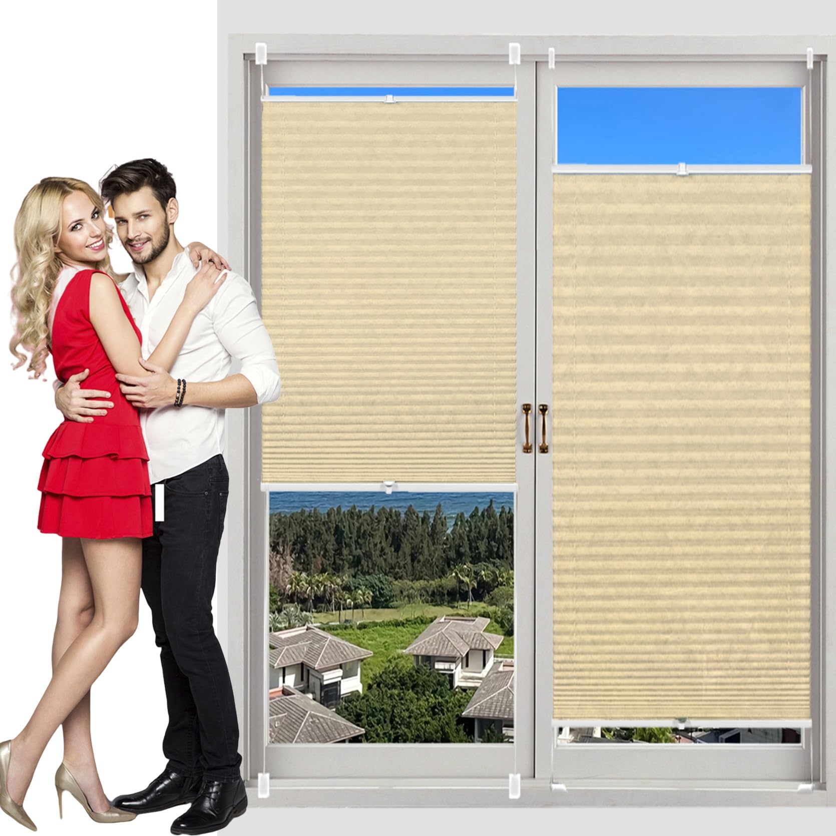Temporary Shade Blinds No Drill Blinds 120 x 130 cm (W x H), No Drilling, Translucent, Crushed Look, Pleated Shades Paper Blind, Temporary Pleat Blinds, for Window Door, Beige — image 1