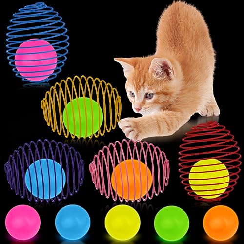 Miniatura 18 de Jecery 5 bolas de resorte para gatos, bolas elásticas para gatos, bobinas coloridas y juguetonas, juguete de acción interactiva, ratas enjauladas