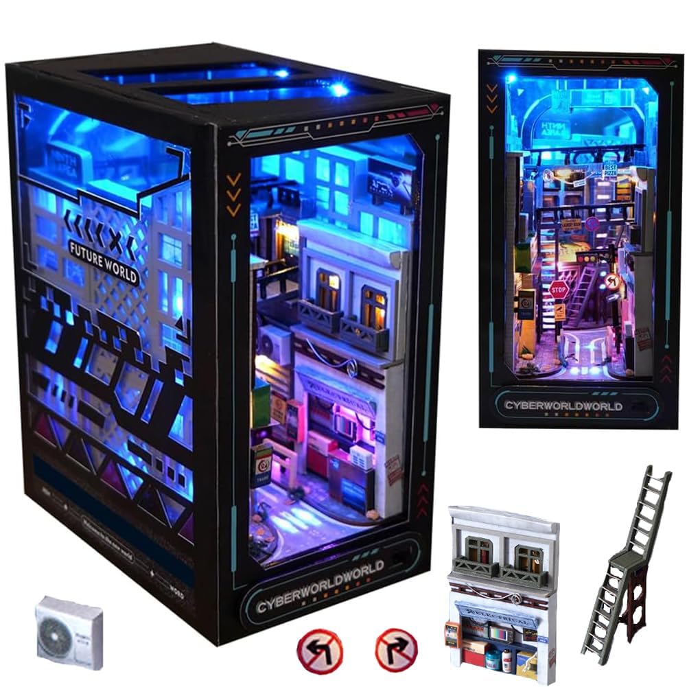 Cjeuxnr Book Nook Kit DIY Dollhouse Miniature Kit, Bookshelf Insert Decor, 3D Wooden Puzzle Booknook Miniature Kit with Furniture for Creative Ssembled Bookends (Near Future)