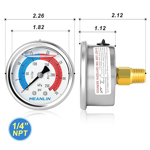 Miniatura 2 de MEANLIN MEASURE Filtro de piscina relleno de glicerina NPT de 0-35 psi, montaje central trasero con carcasa de acero inoxidable 304, esfera de 2