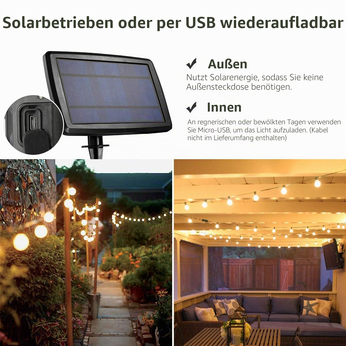 LE Solar Lichterkette Glühbirnen Aussen, 7.62M 25 LEDs G40 Außen Beleuchtung, USB wiederaufladbar, 4 Modus Solarlichterkette für Garten, Hochzeit, Balkon, Haus, Weihnachten Deko, Warmweiß | USB Wiederaufladbar Aussen, 4 Modus Solarlichterkette für Garten,