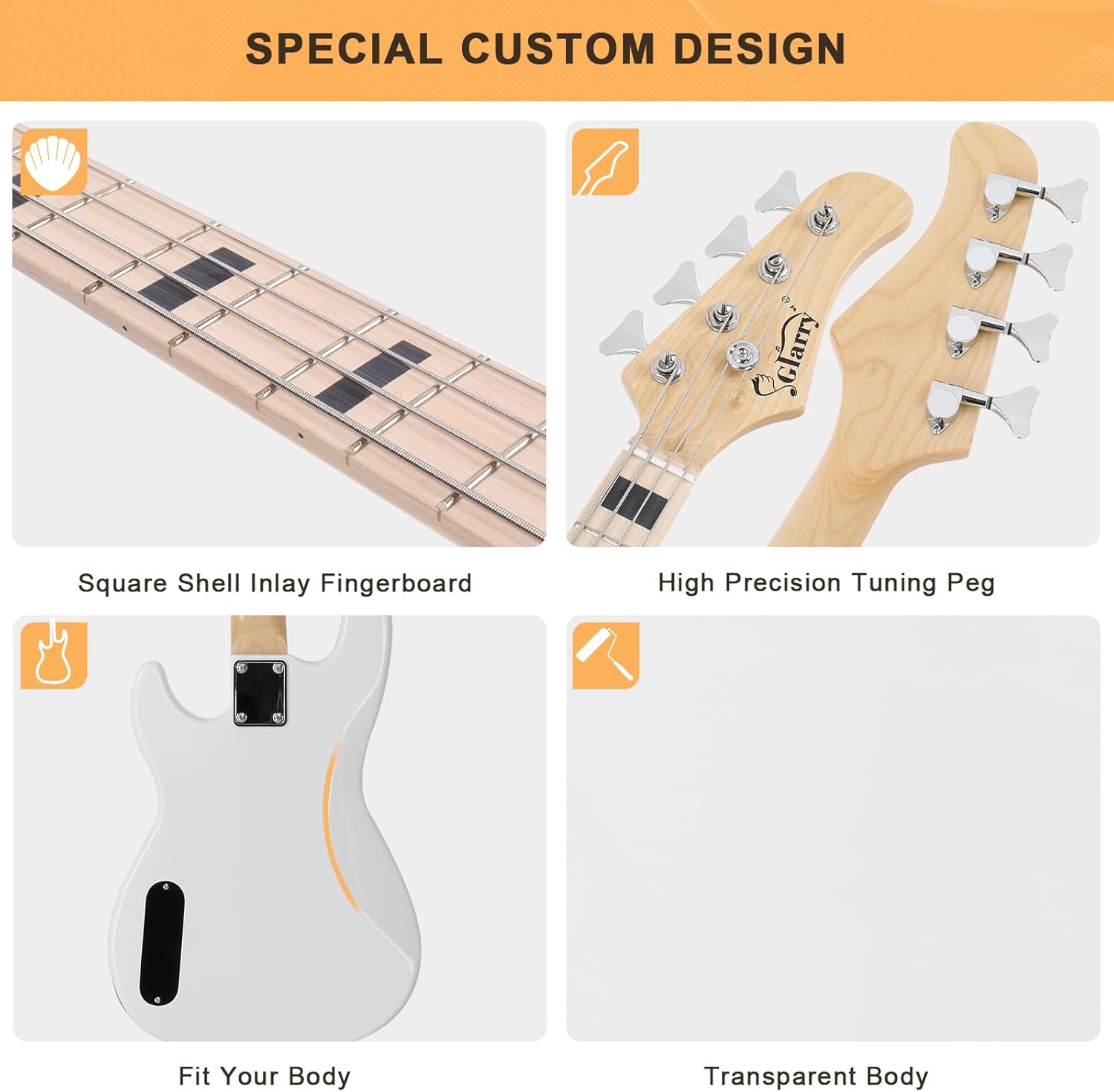 GLARRY GP Series Full Size Electric Bass Guitar 4 String Beginner Kit Canadian Maple Fingerboard with Cable, Strap, Bag and Accessories (White)