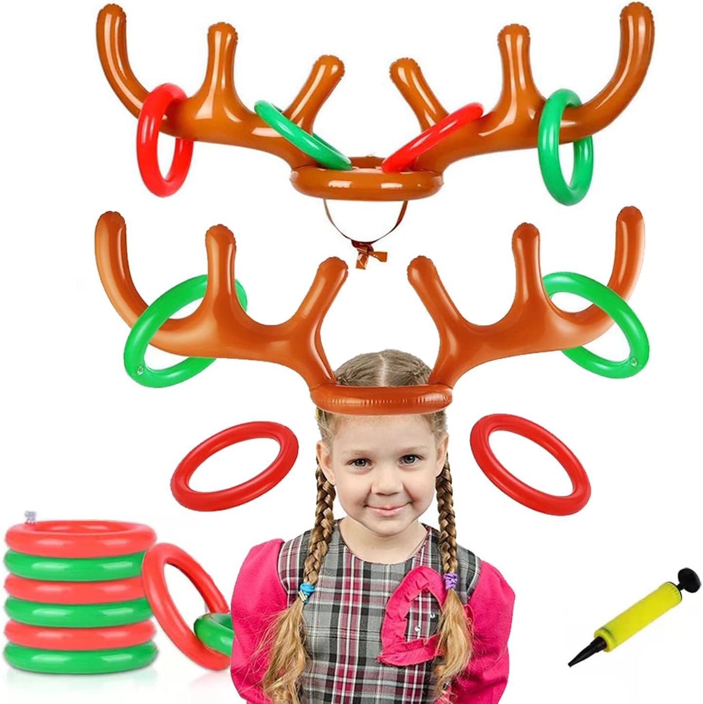 Inflatable Reindeer Antler Toss Headband Game Christmas Toy (2 Antlers & 8 Rings & 1 Air Pump) for Kids Adults Family Christmas Party Favors Outdoor Indoor Ring Toss Xmas Games