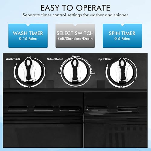 Miniatura 4 de COSTWAY Lavadora portátil, doble tina de 13 libras de capacidad, lavadora de 8 libras y giratorio de 5 libras con perillas de control, función de