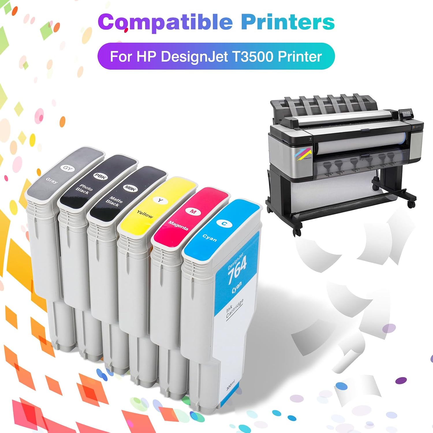 Yitrust 6-Pack 764 Ink Cartridge Set for HP 764 Ink for DesignJet T3500 Postscript Printer (Photo Black/Matte Black/Gray/Cyan/Magenta/Yellow) 300ml