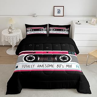 Erosebridal 80s Party Comforter Set Full,Audio Cassette Bedding Set for Kids Children,Vintage Music Theme Duvet Insert,Retro Tape Quilted Comforter Music Art Style Duvet Set,Luxury Home Room Decor