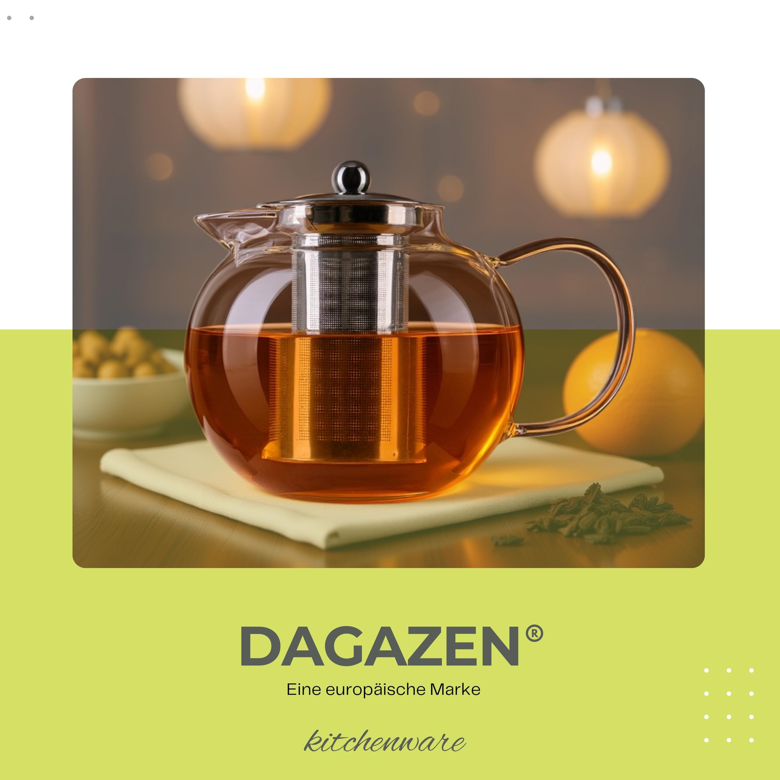 Teekanne Glas 1300ml mit Edelstahl Siebeinsatz – Glasteekanne aus Borosilikatglas für losen Tee, Kräutertee & Früchte – tropffrei, hitzebeständig & spülmaschinenfest - Teezubereiter mit Sieb - DAGAZEN